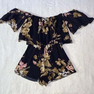 G BY GUESS OFF THE SHOULDER FLORAL ROMPER